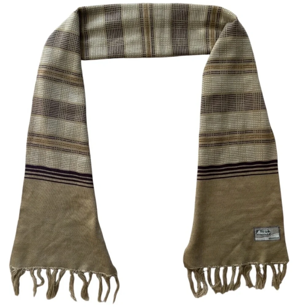 Jain & Amber Unisex Beige and Brown Checkered Pattern Fringe 56 x 8 1/2 Scarf